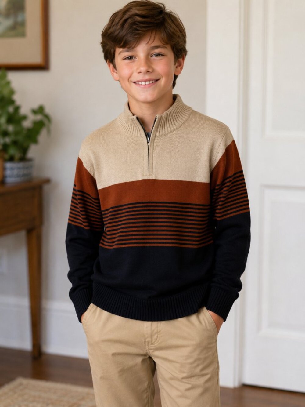 Street Rules Boys Colorblock Quarter-Zip Sweater | Size 14/16 | Tan Rust & Navy